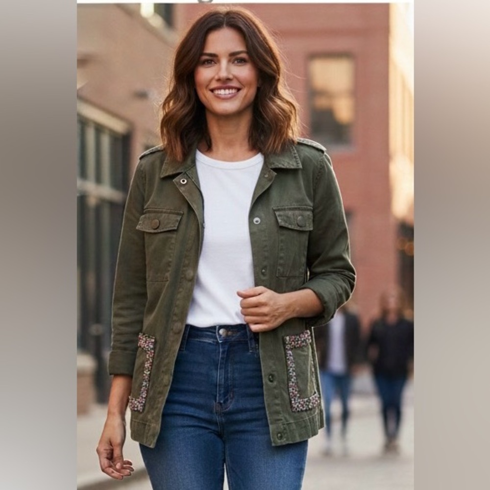 A New Day Olive Long Sleeve Denim Jacket, Sequin Decorated Pockets, Size Med